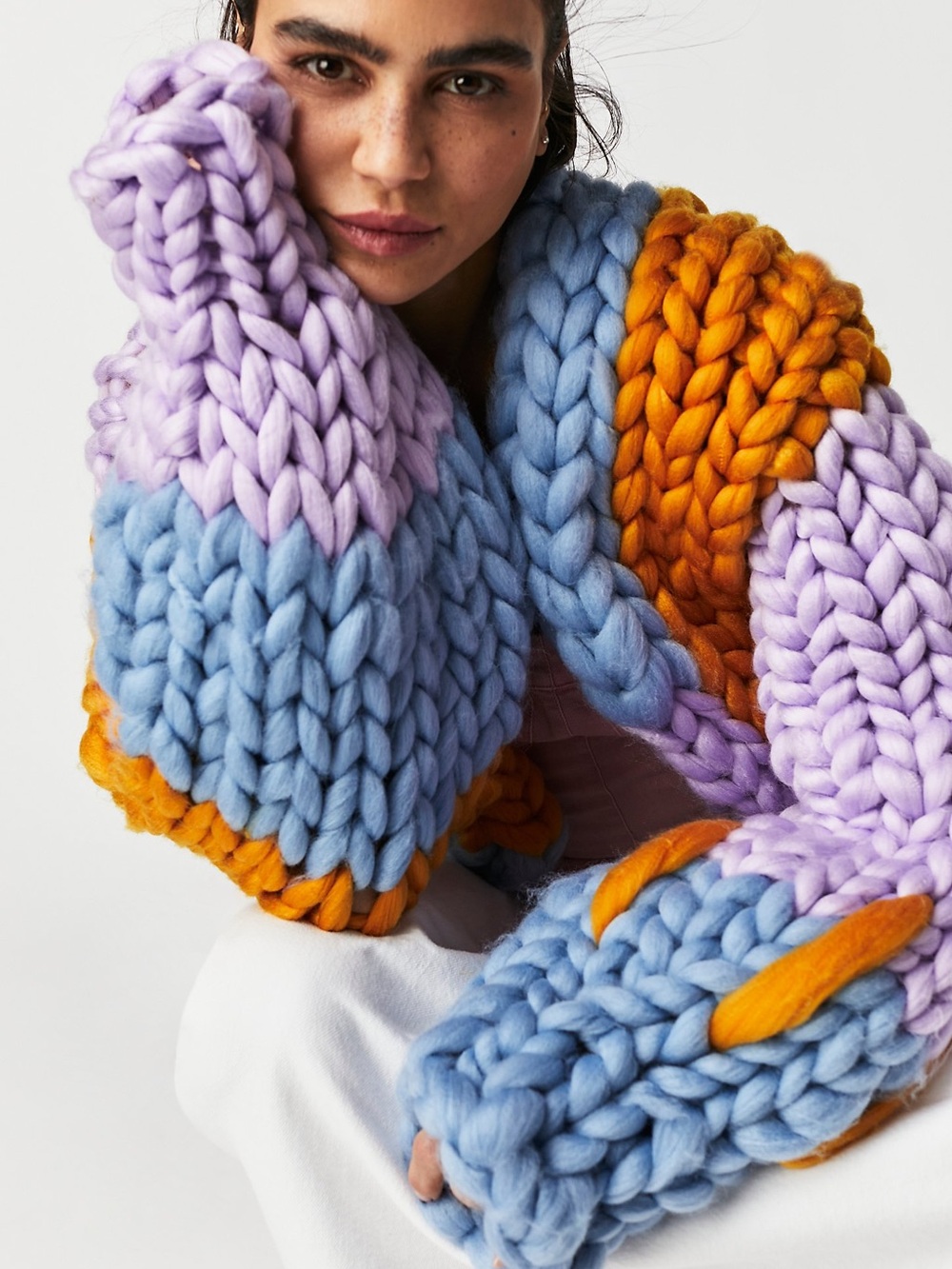 Hope Macaulay Multicolor Chunky Knit cardigan in Yellow, Lavender & Light Blue